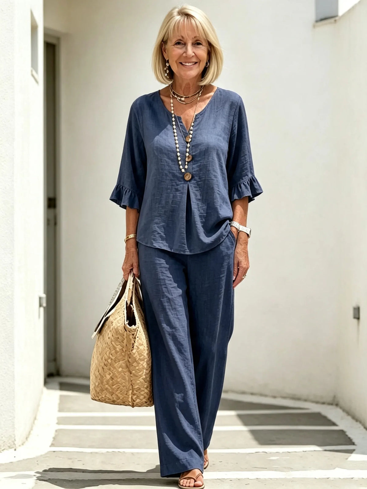 Women's Casual Button V-Neck Ruffle Women Summer Linen Two-Piece Outfit Set, V-Neck Wooden Button Front Ruffle 3/4 Sleeve Loose Casual Top & Matching Wide Leg Long Pants, Lightweight Breathable Textured Fabric High-End Seven-Sleeve Linen Top Two-piece Set