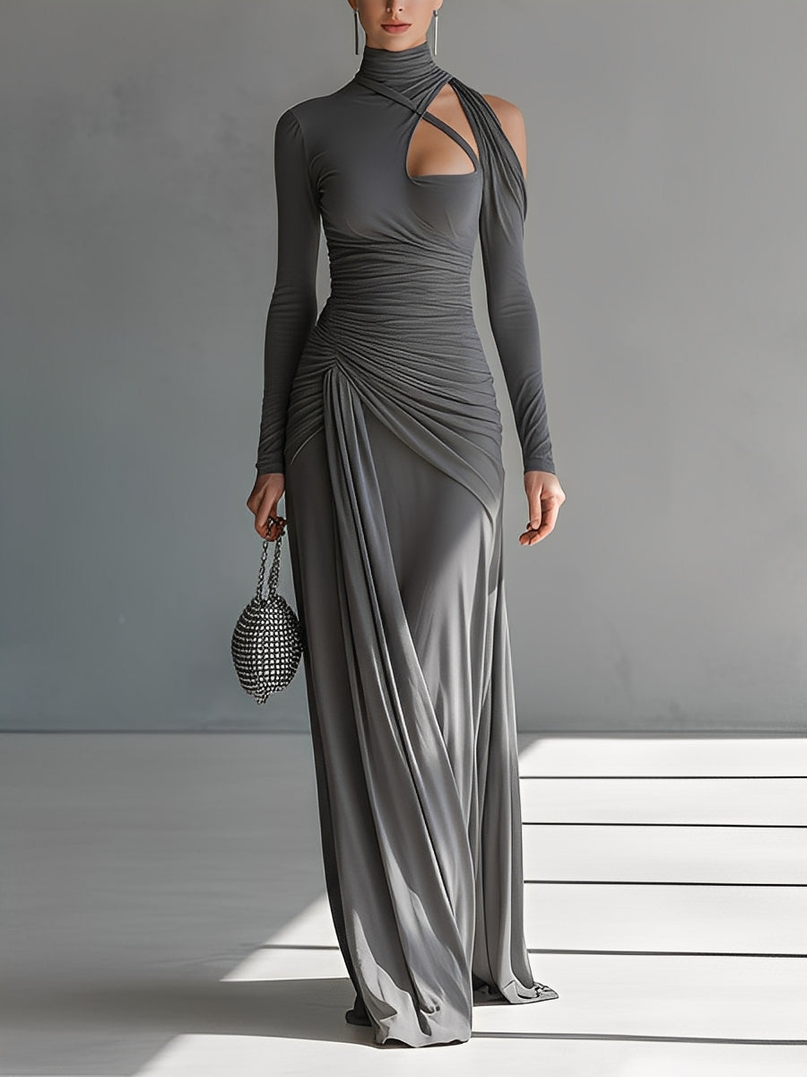 Women's Grey Silky Stretch Sophisticated Ruched Detail Cut-Out Maxi Dress MDA0546K6I