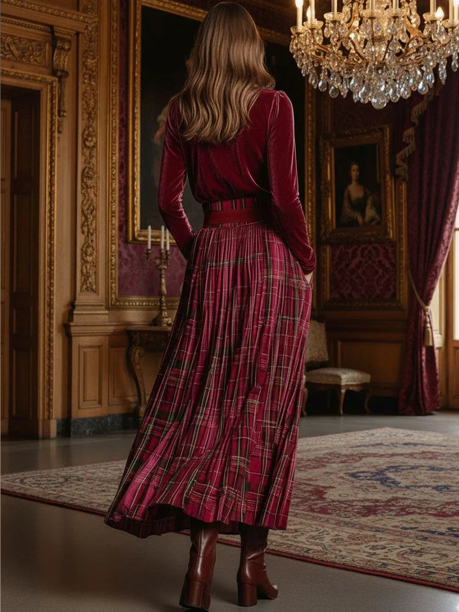Nivaeh - Festive Retro Turtleneck Plaid Skirt Set