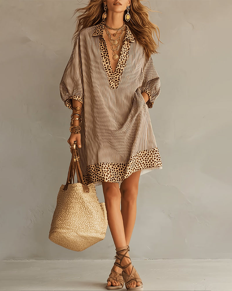 Striped Shirt Dress with Puff Sleeves and Leopard Print Panels