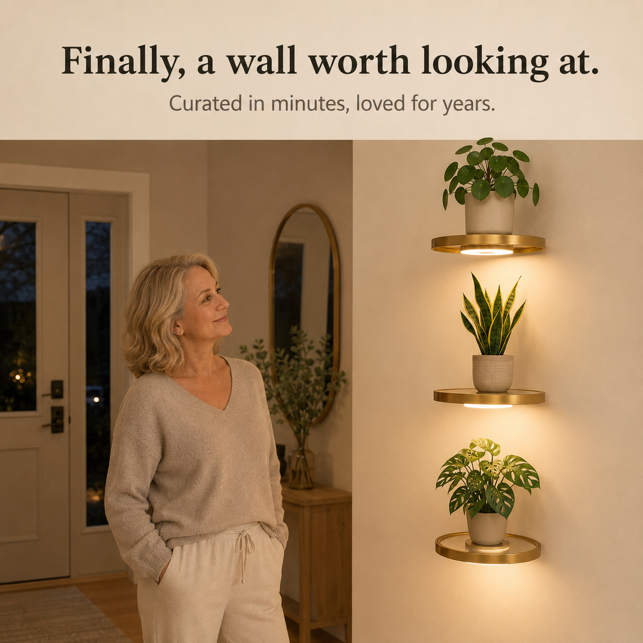 Lumeva - Floating LED Wall Shelf with Gold Finish, Rechargeable Ambient Light for Plants