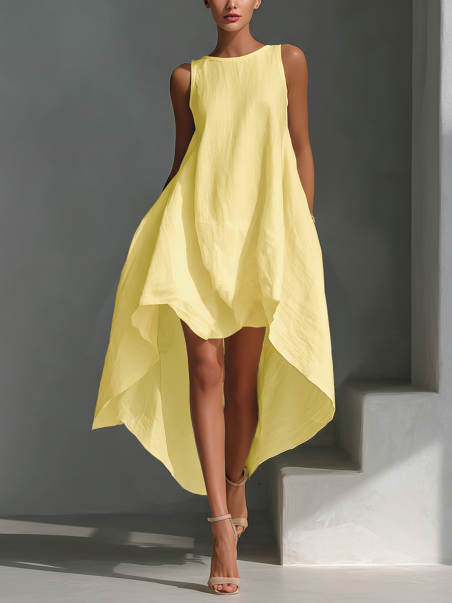 White Linen Sleeveless Midi Dress for Women with Round Neck and Asymmetrical Hem