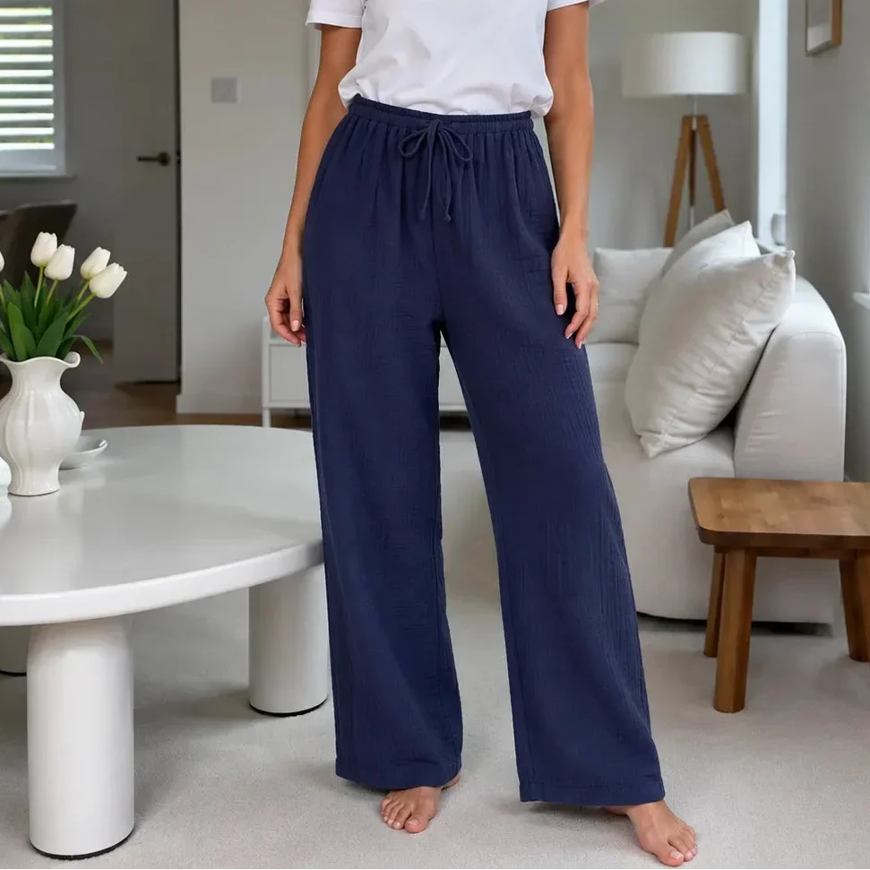 Loravie – Crinkle Wide Leg Elastic Waist Lounge Pants for Women