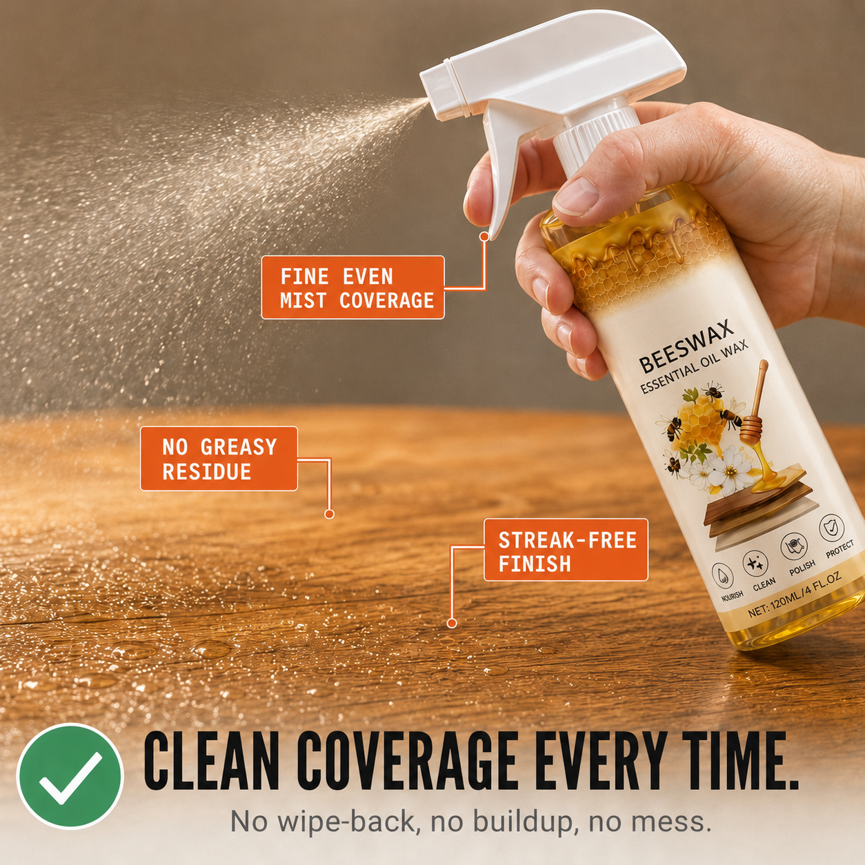 Hivora – Beeswax Wood Polish Spray with Cleaning Sponge and Microfiber Cloth