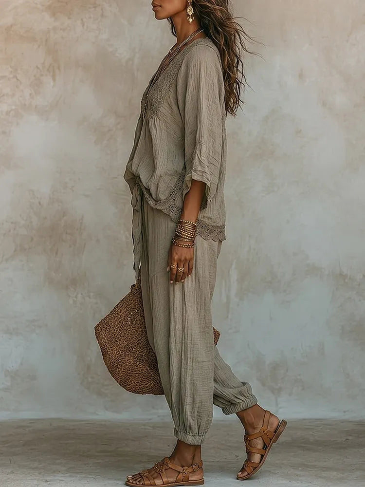Lace-trimmed Crinkled Cotton-linen Top + Harem Pants Set