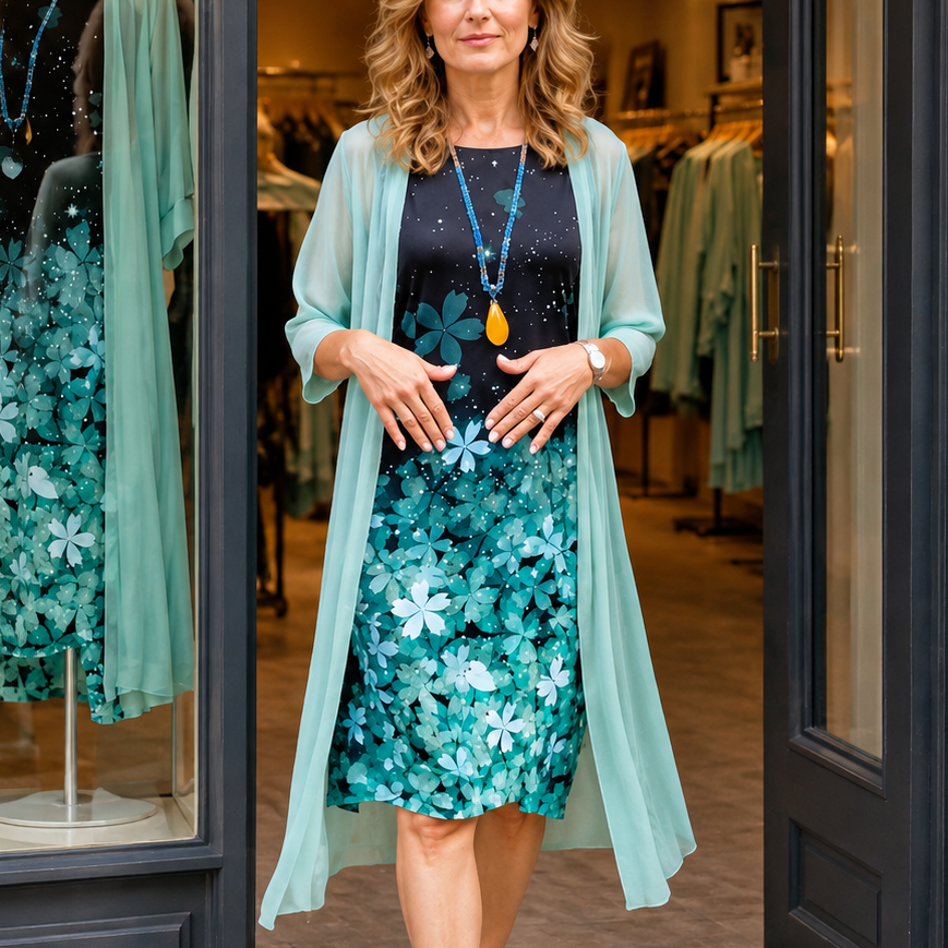 Bloomcast – Floral Midi Dress And Sheer Duster Set