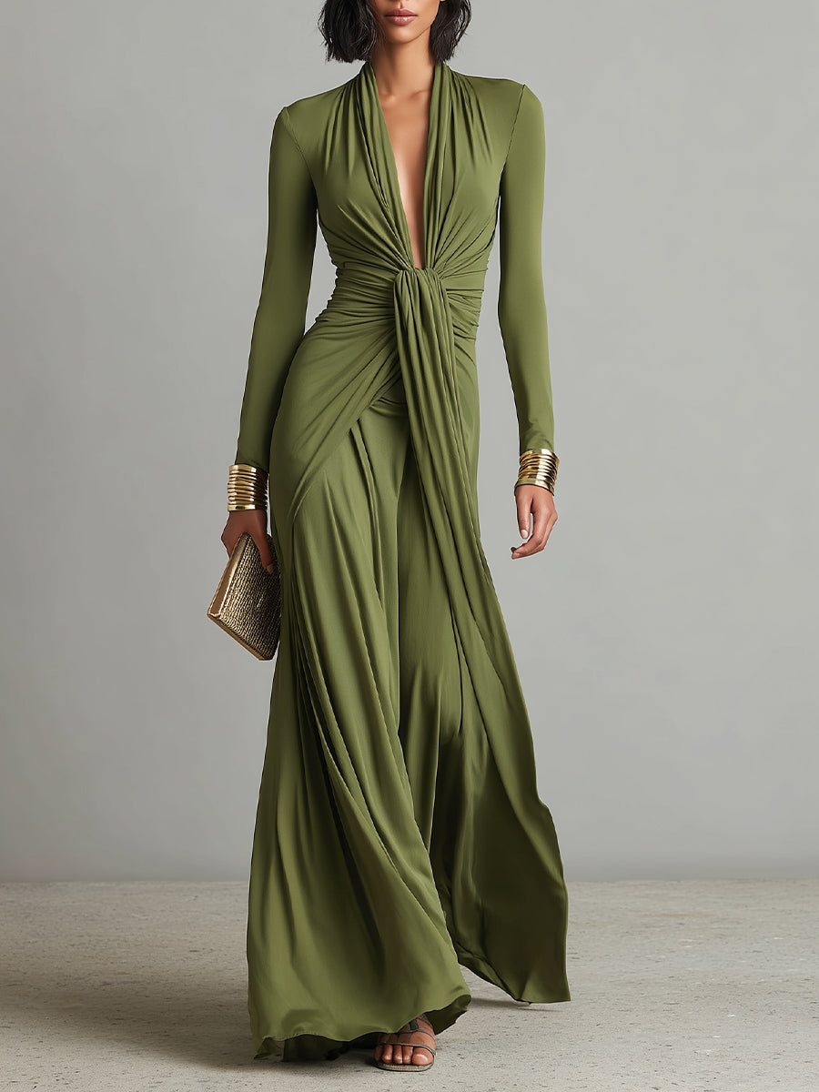 Women's Olive Silky Stretchy Dress With Deep V-Neck & Ruched Detail, Glamorous Maxi Dress MDA0509L8I