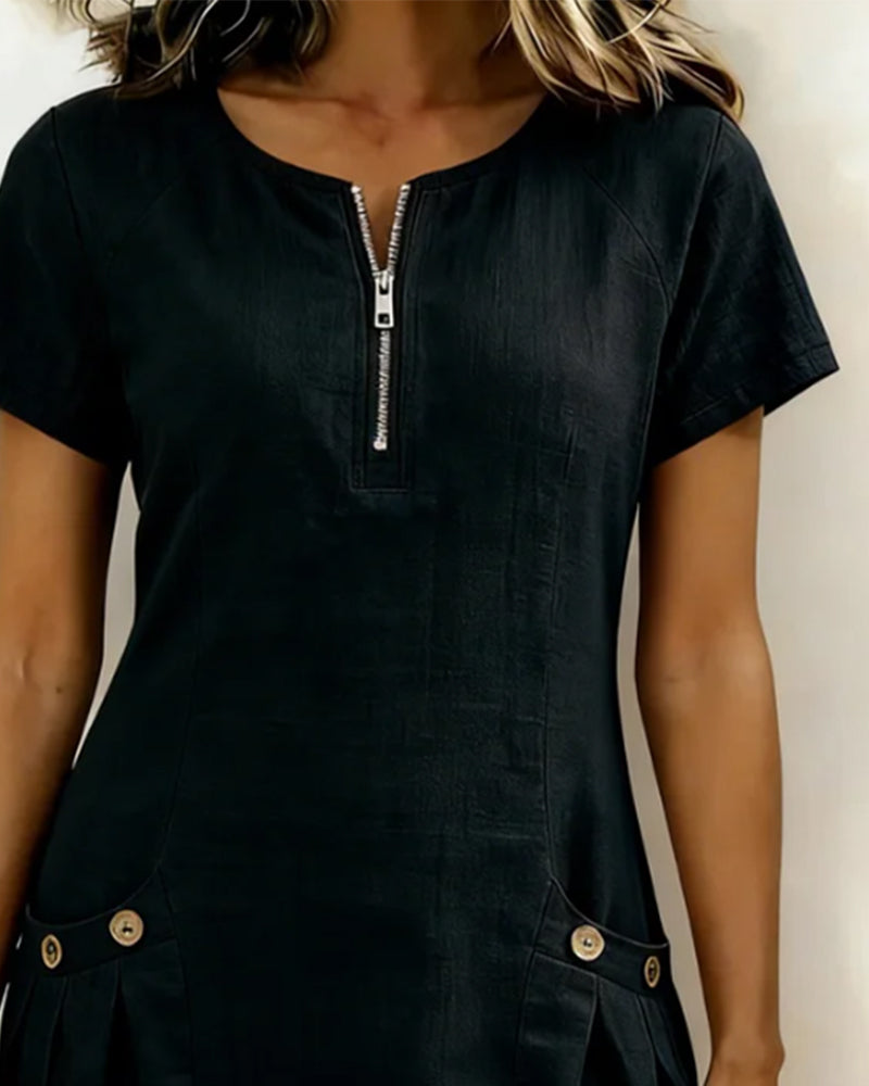 Short Linen and Cotton Dress with Zipper Closure - Elegant A-Line Cut
