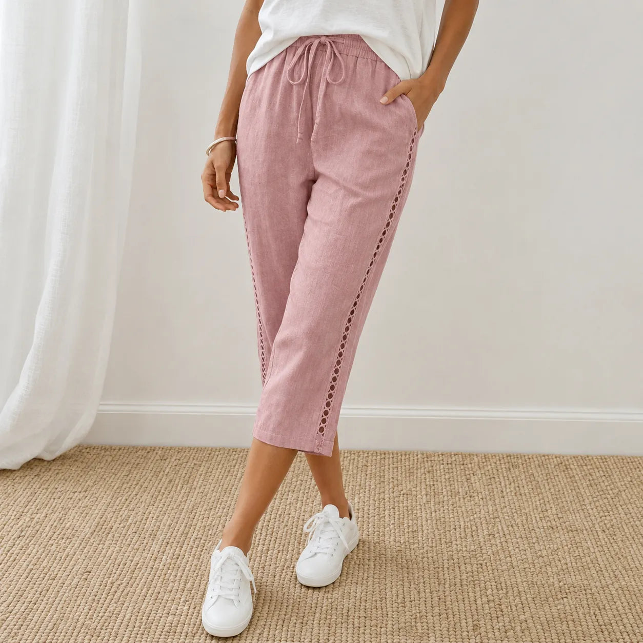 Loravie – Eyelet Trim Cotton-Linen-like Capri Pants with Drawstring Waist