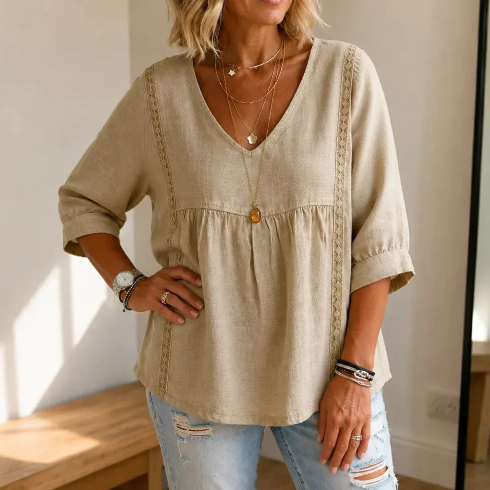 Liorelle – Lace Trim V Neck Babydoll Blouse for Women
