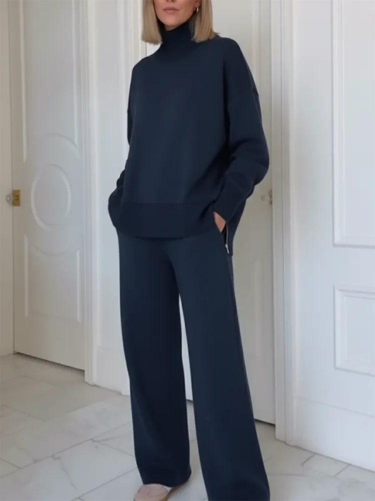 Two-Piece Set with High Collar and Zipper Closure, Straight Pants