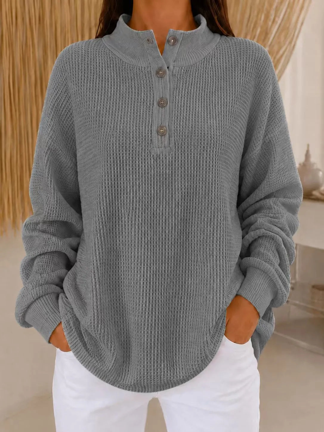 Belliora - Button Neck Textured Knit Sweater