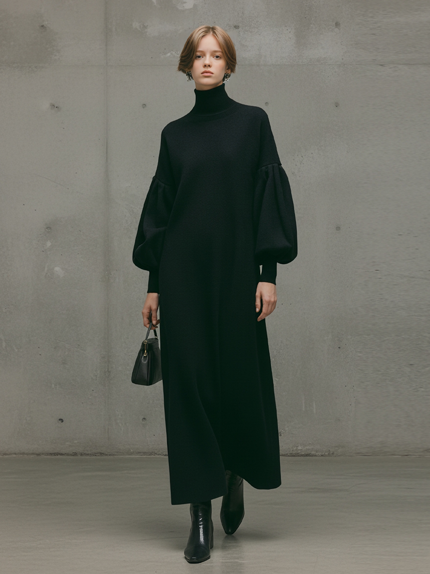 Women's Modern Black Turtleneck Puff-Sleeve Sweatshirt Maxi Dress MDA1503L6AU