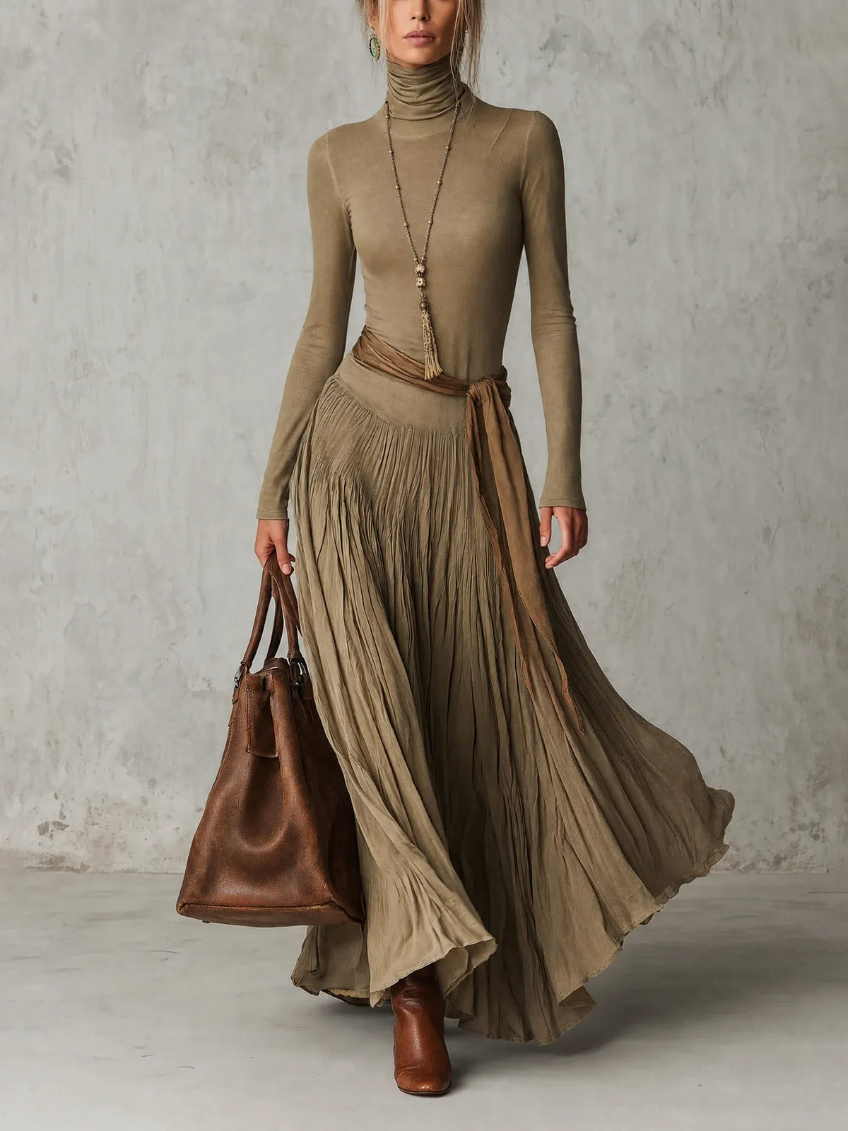 Elegant Turtleneck Long Sleeve Pleated Maxi Dress with Waist Tie