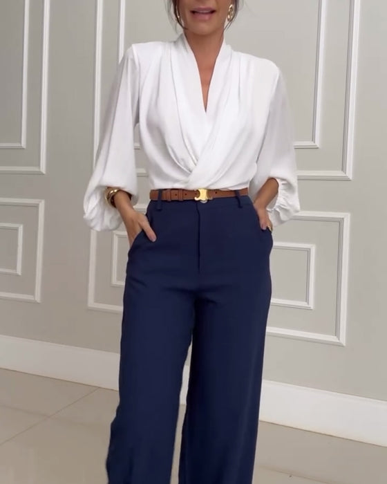 Solid Color V-Neck Lantern Sleeve Blouse