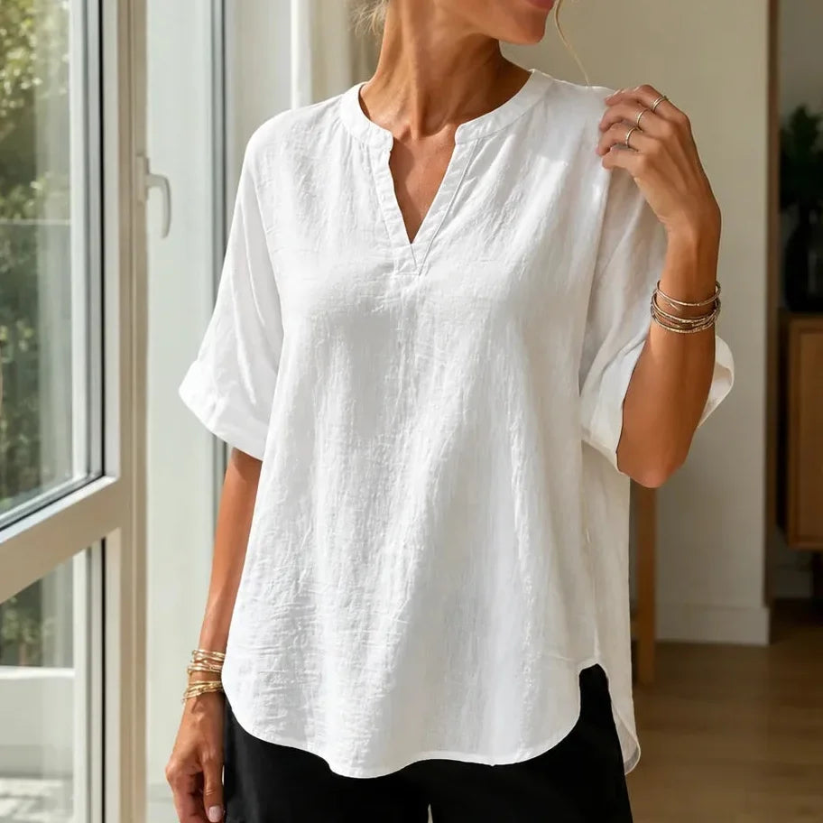 Linora – Notch V-Neck Short Sleeve Curved-Hem Tunic Blouse for Women