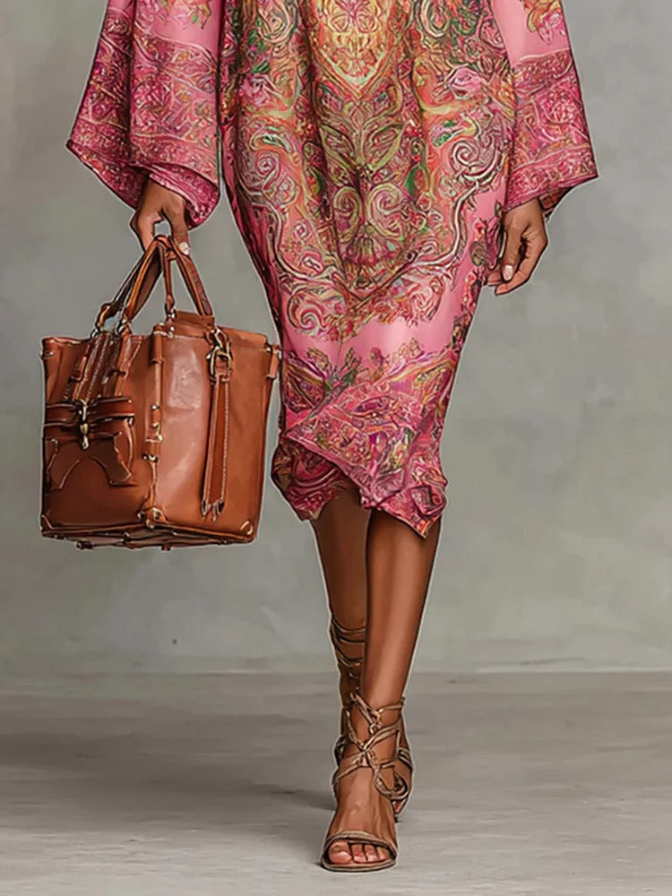 Pink Paisley Print Flared Long Sleeve Loose Midi Dress