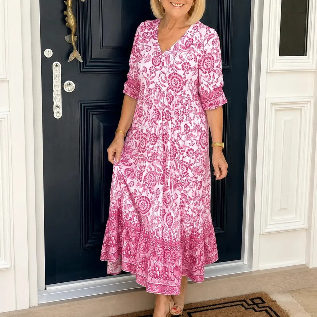 Florenza – Boho V-Neck Floral Midi Dress with Tiered Hem