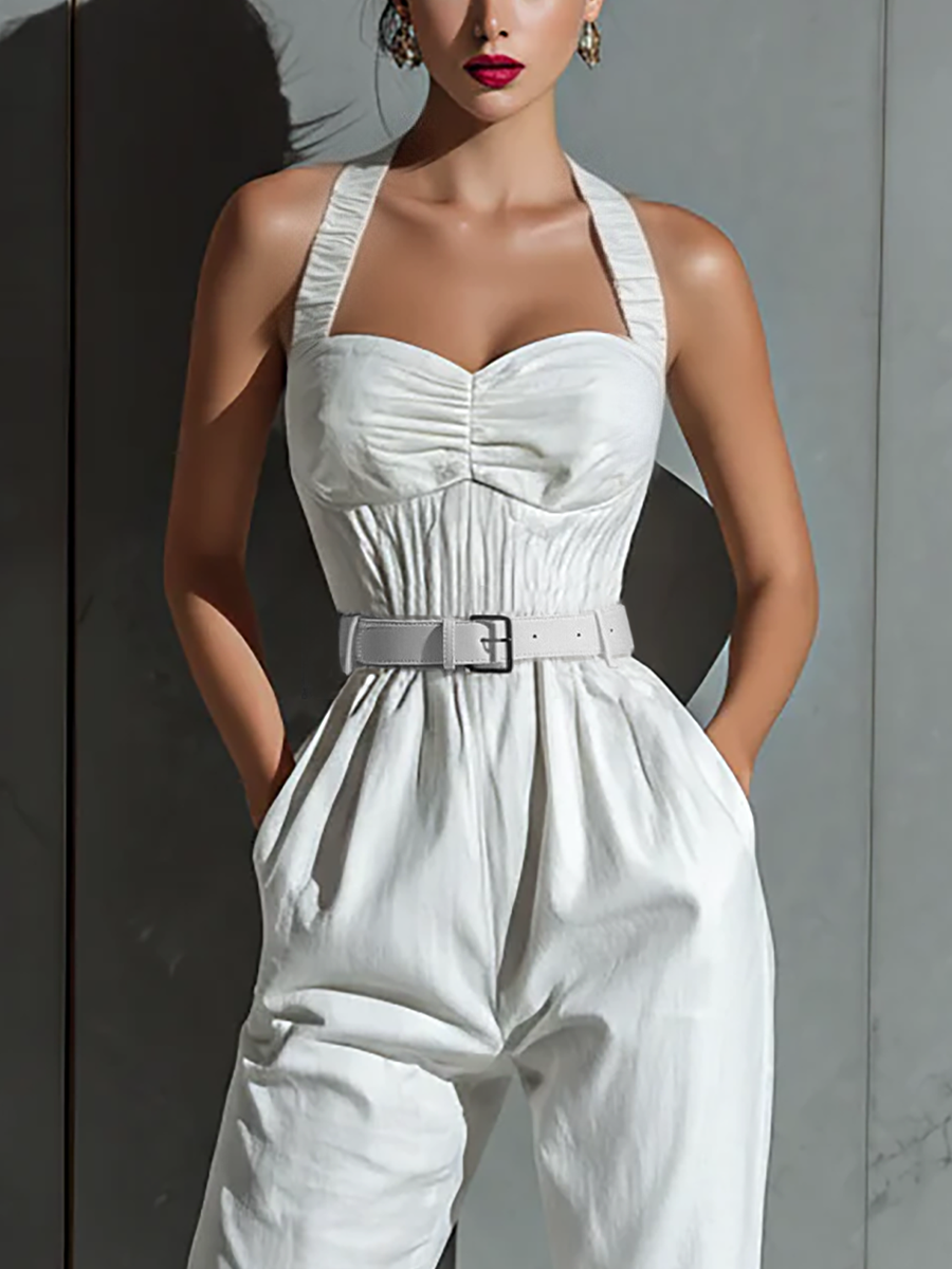 Women's Ivory Cotton And Linen Blend Wide-Leg Jumpsuit With Cinched Waist MDZ0674B7T