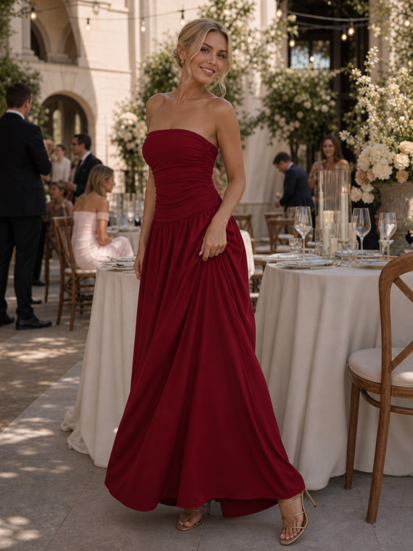 Zelene | Strapless Ruched Bodice Midi Dress