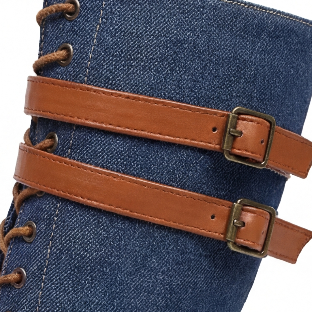 Denara - Denim and Leather Mid-Calf Riding Boots