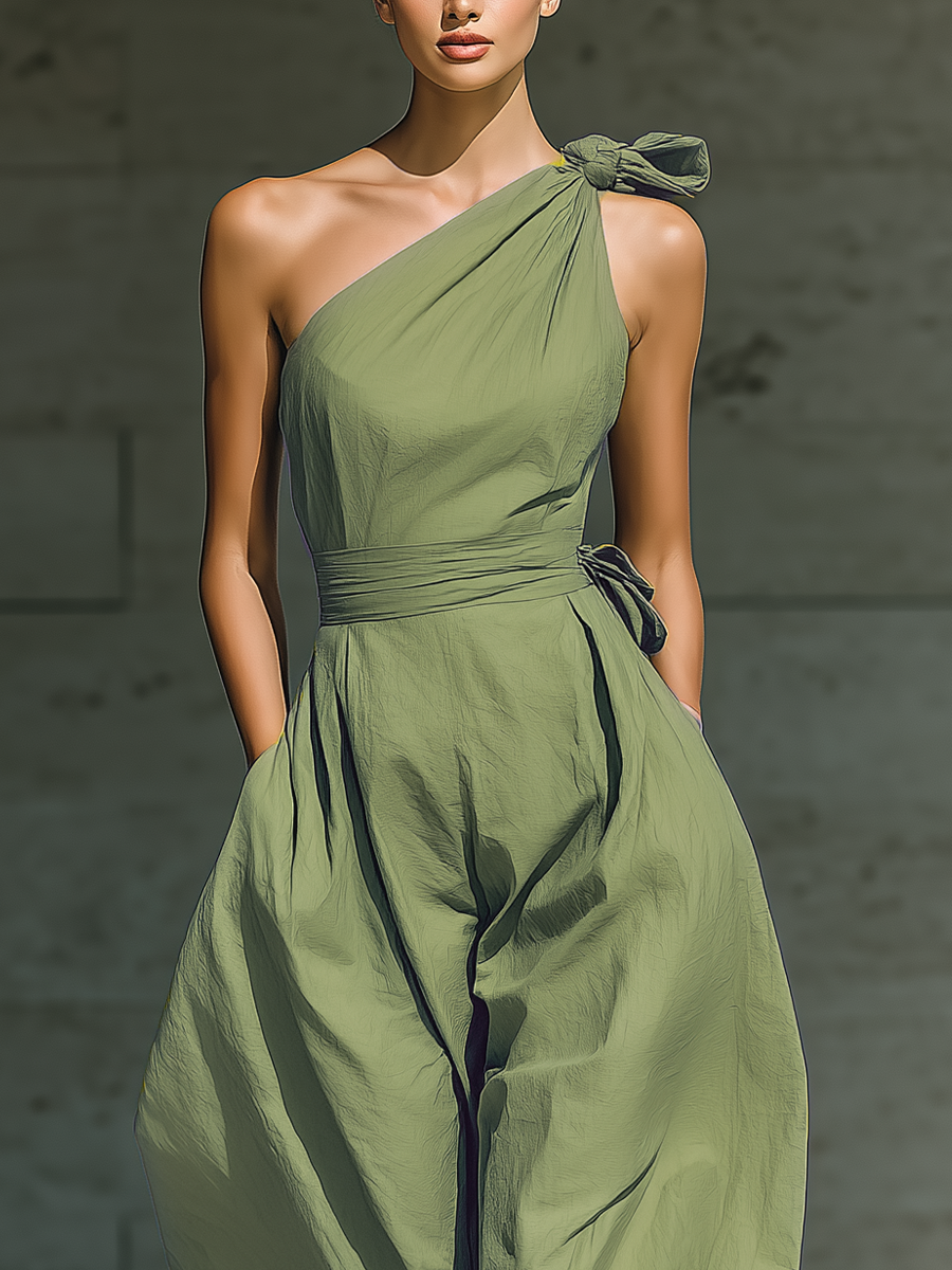 Women's Light Green Cotton And Linen Blend One-Shoulder Wide-Leg Jumpsuit With Tie Waist MDZ3136A8T