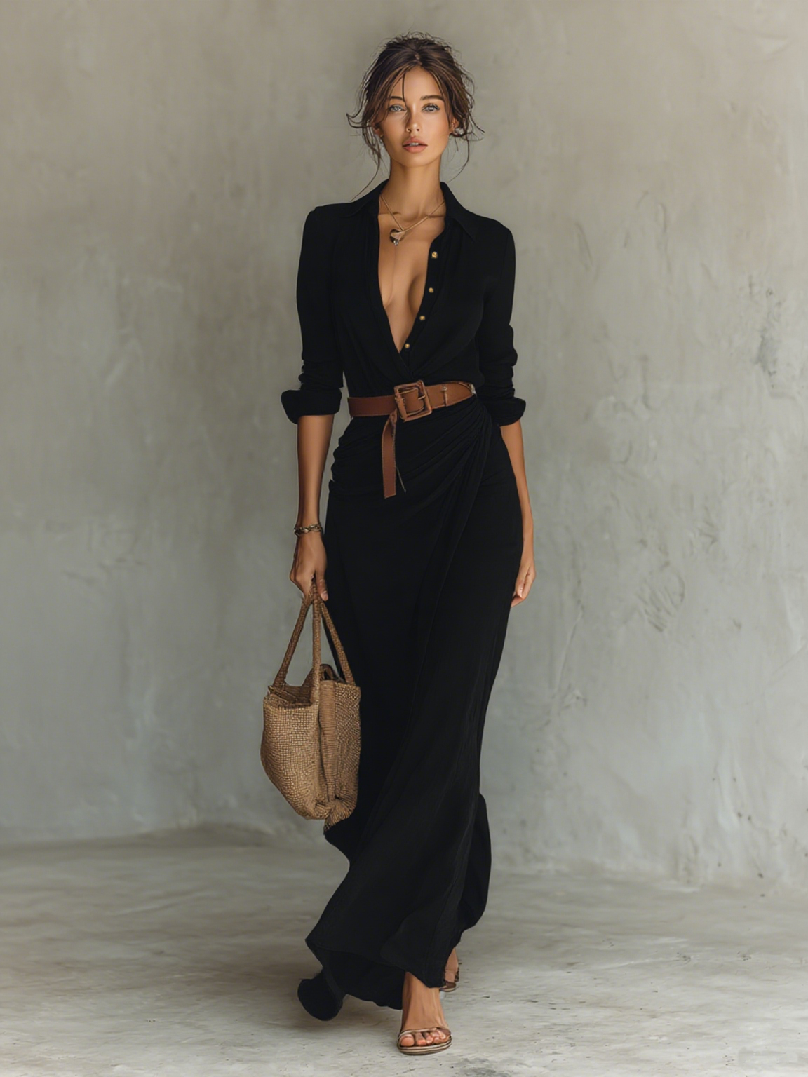 Calantha - Soft-Touch Belted Maxi Shirt Dress