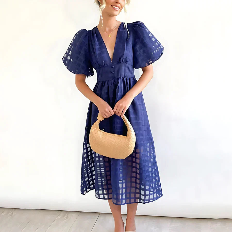 Caelis | Classic Patterned Puff Sleeve Midi Dress