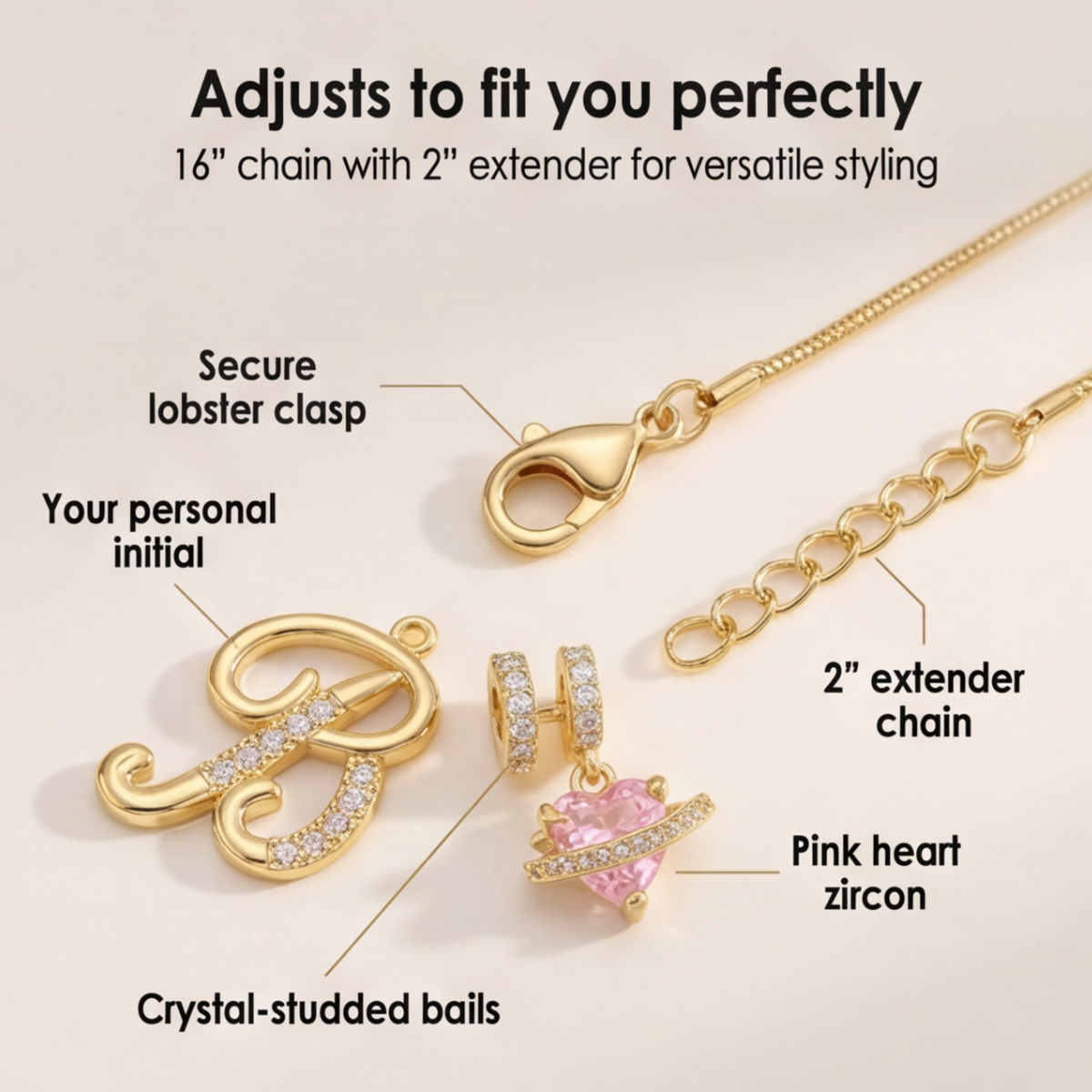 LUMARA – 3-Layer Initial Necklace with Pink Heart Zircon