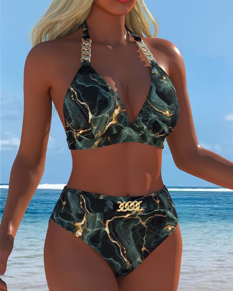 High Waist Bikini Chain Bra Printed