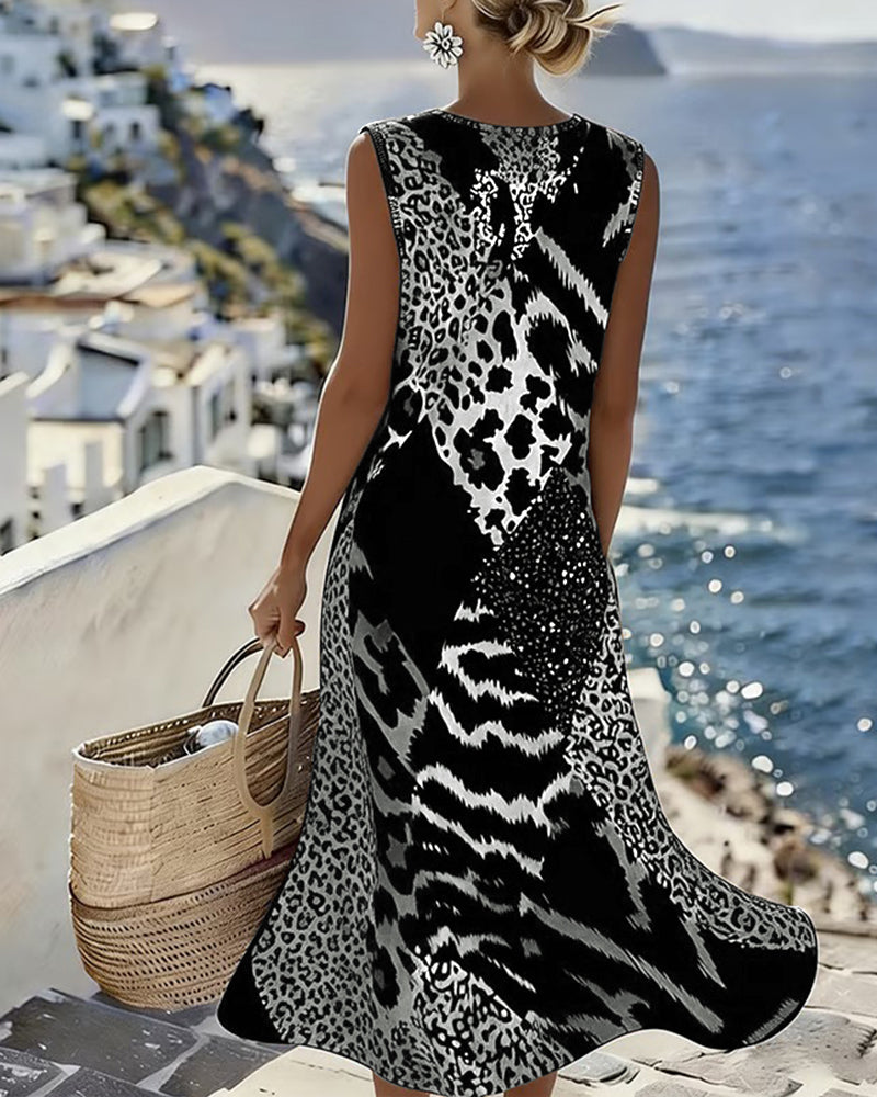 Leopard Print Patchwork Sleeveless Maxi Dress