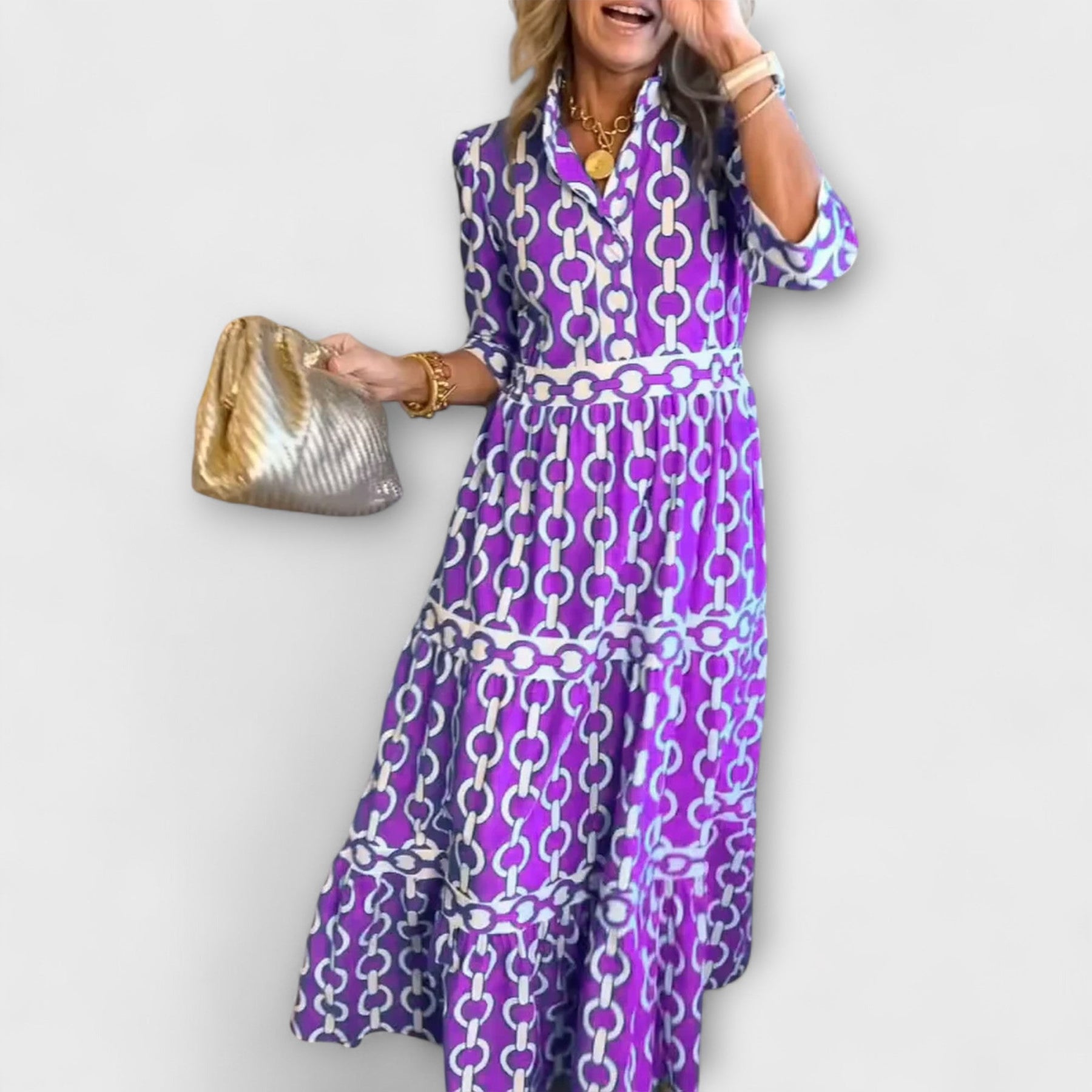REAGAN – ELEGANT CHAIN PRINT MIDI DRESS