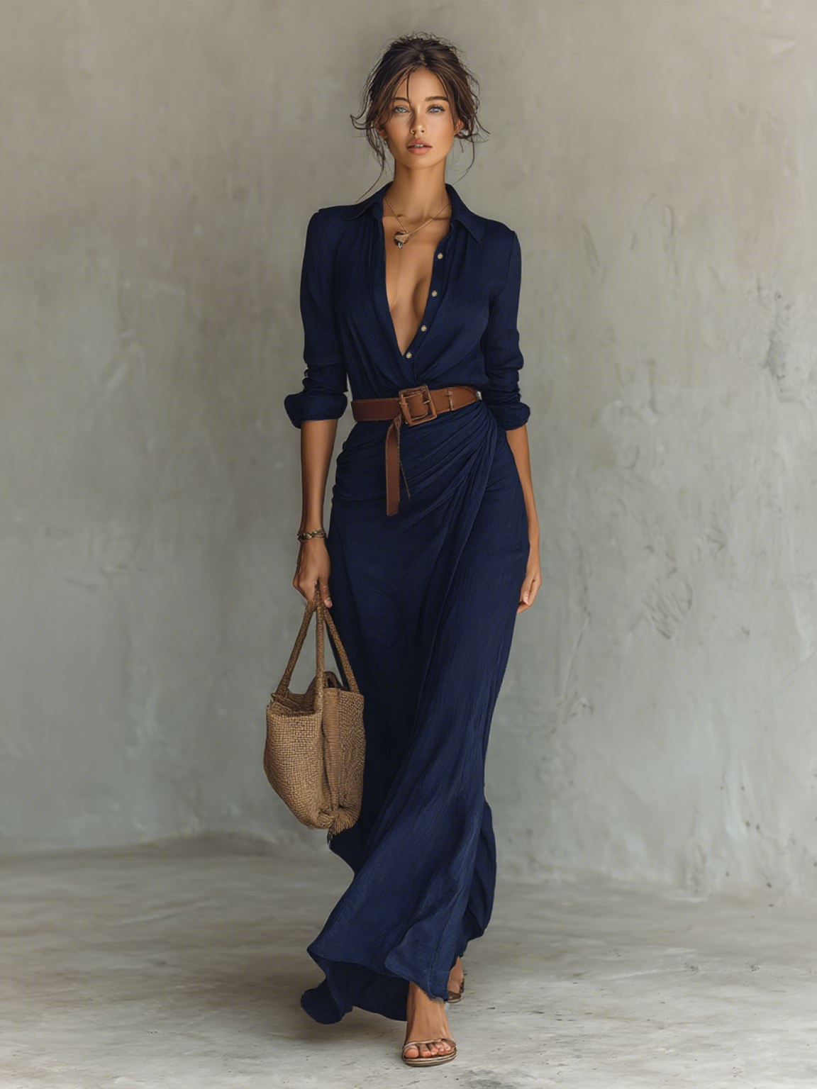 Elegant Maxi Dress with Lapels and Long Sleeves for Women