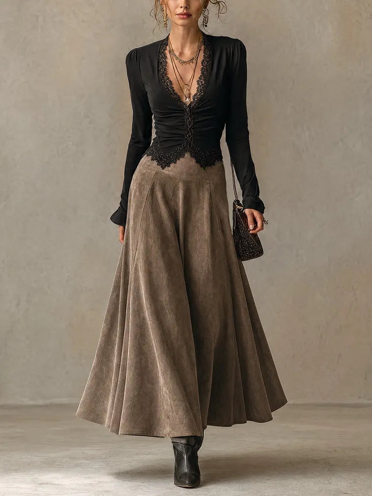 Black lace-trimmed top and faux-suede flared maxi skirt set