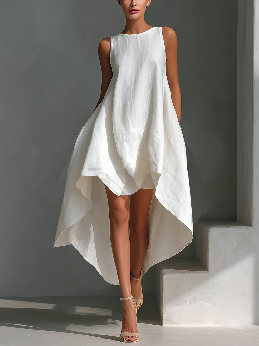 White Linen Sleeveless Midi Dress for Women with Round Neck and Asymmetrical Hem