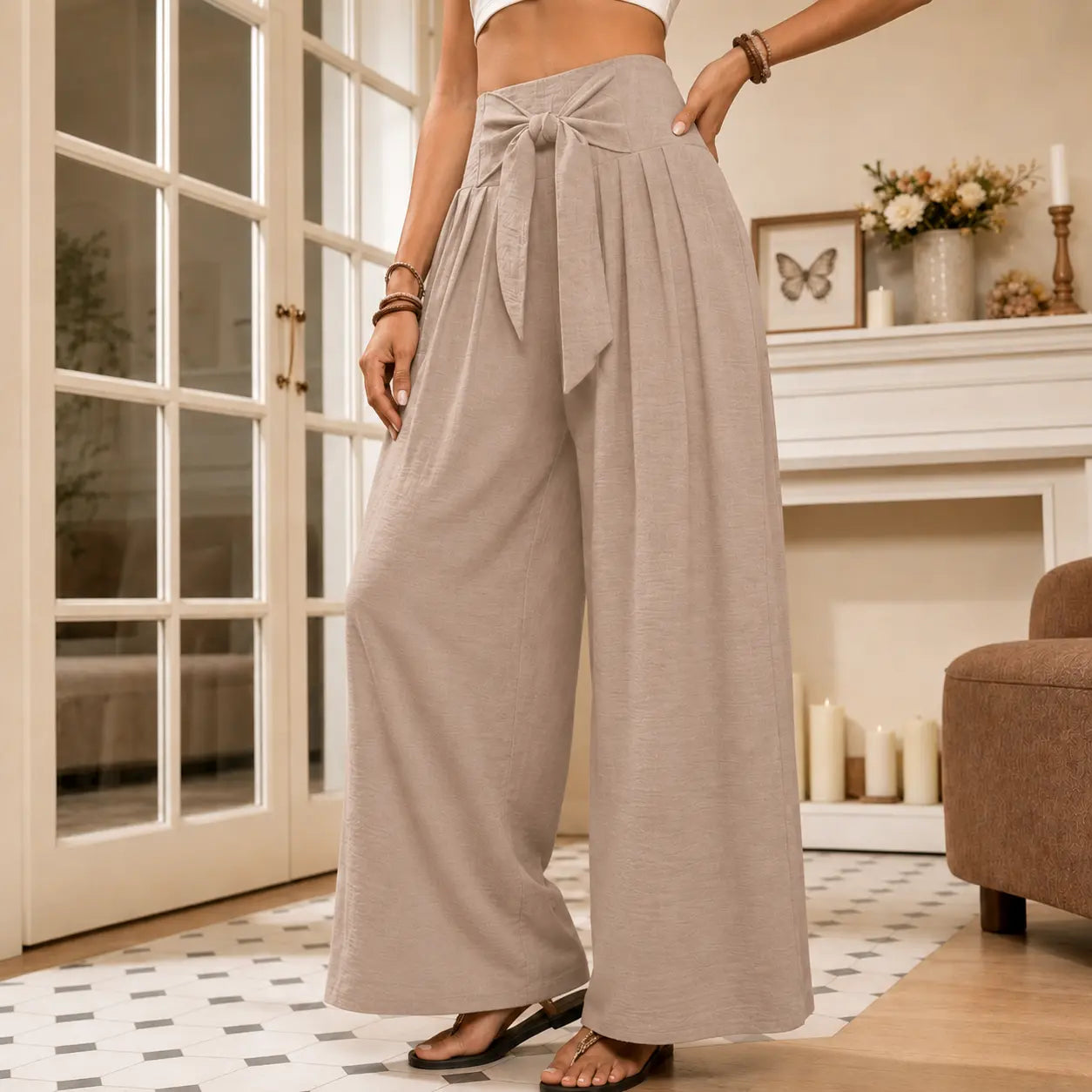 Driftlane – High Waisted Tie Front Wide Leg Pants for Women