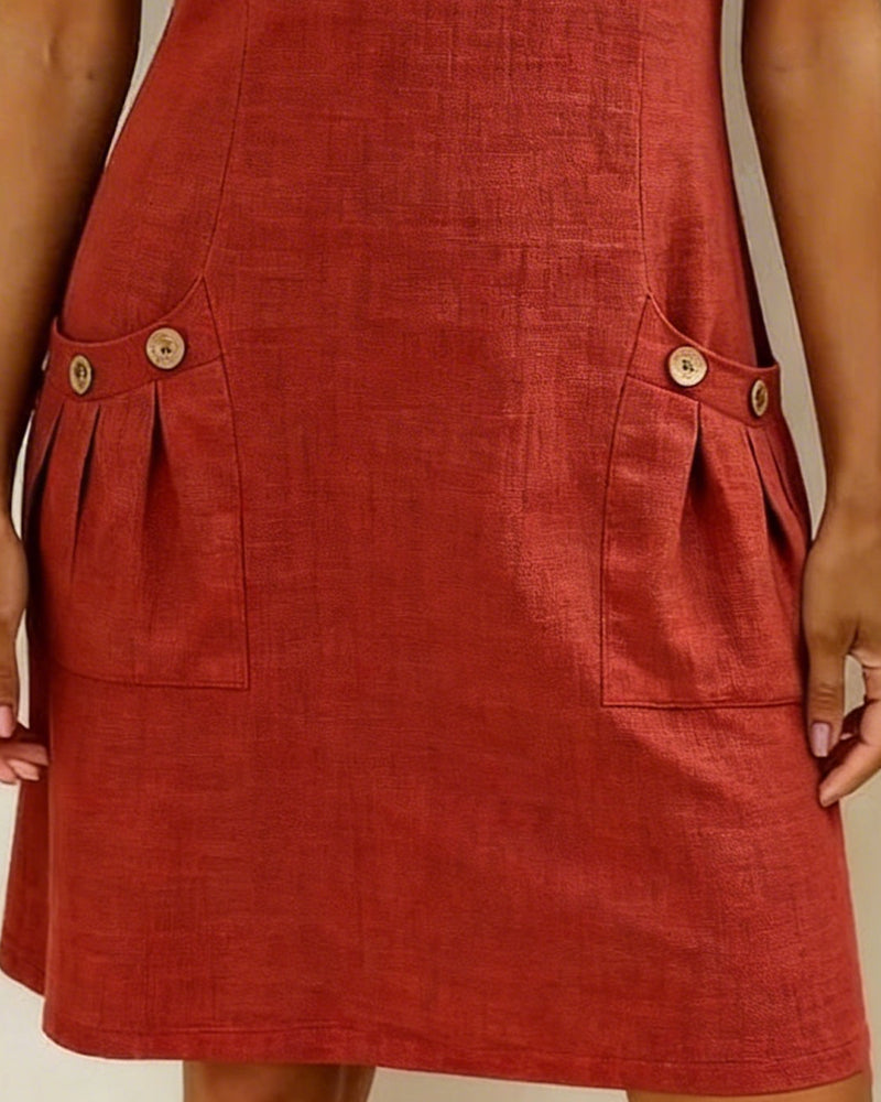 Short Linen and Cotton Dress with Zipper Closure - Elegant A-Line Cut