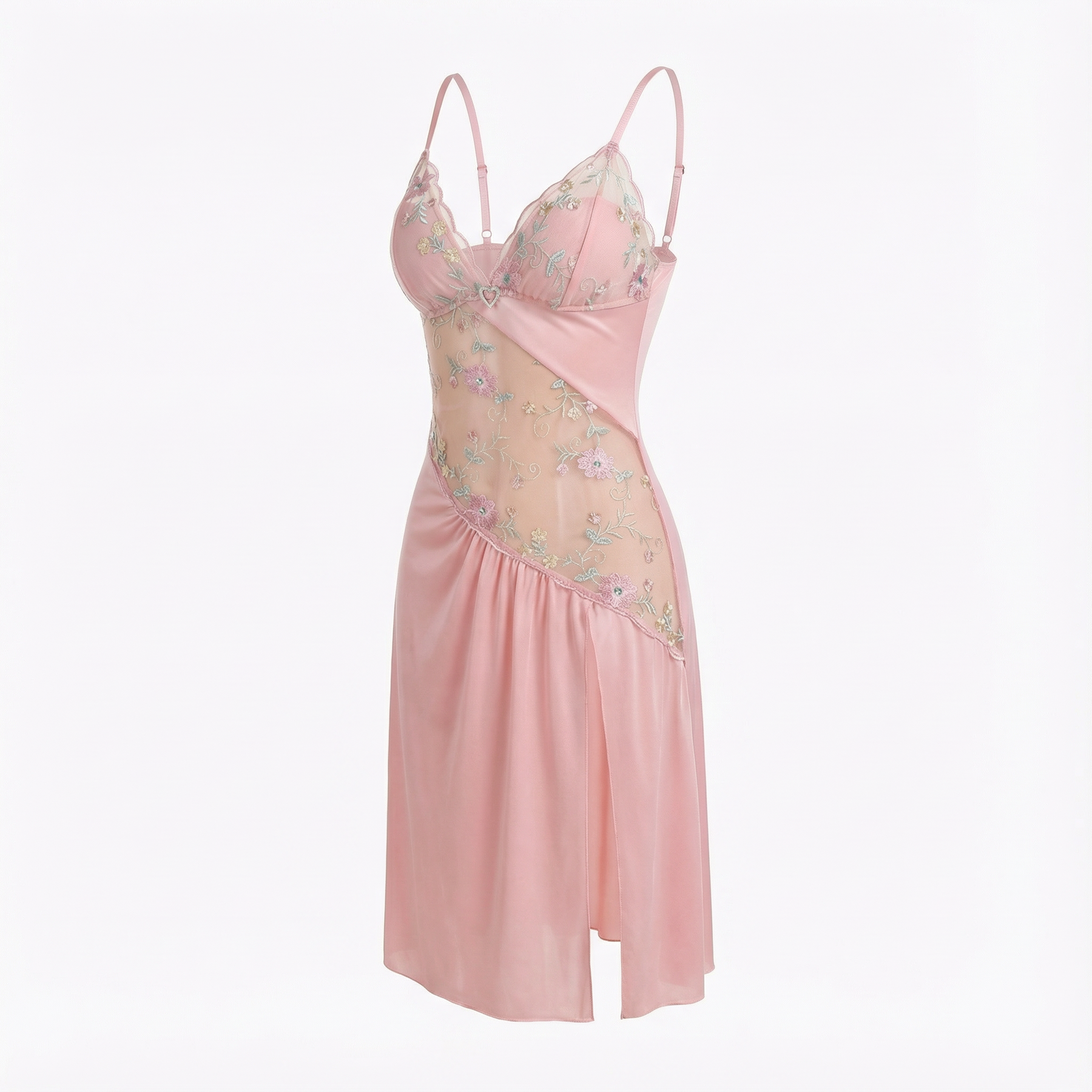 Florelle - Women's floral embroidered mesh nightgown with high slit