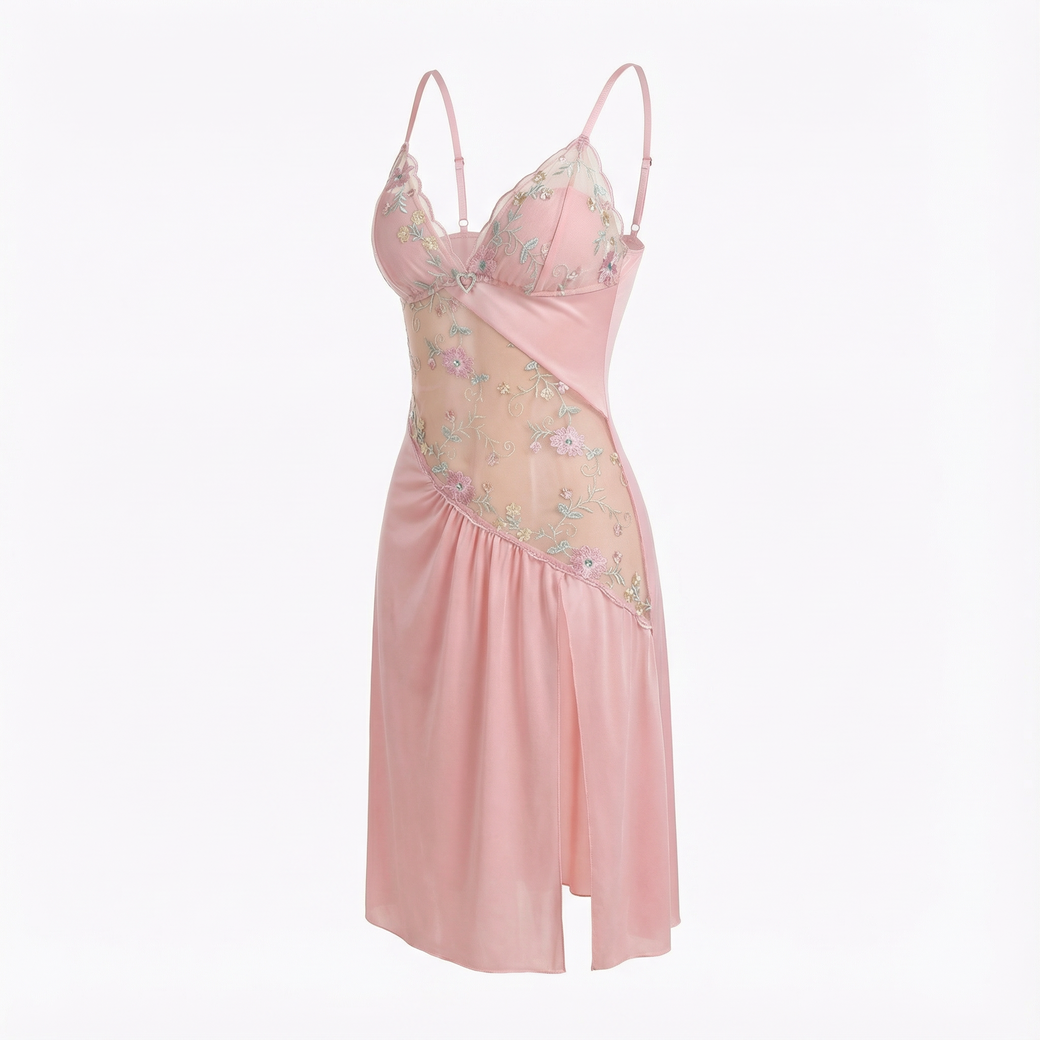 Florelle - Women's floral embroidered mesh nightgown with high slit