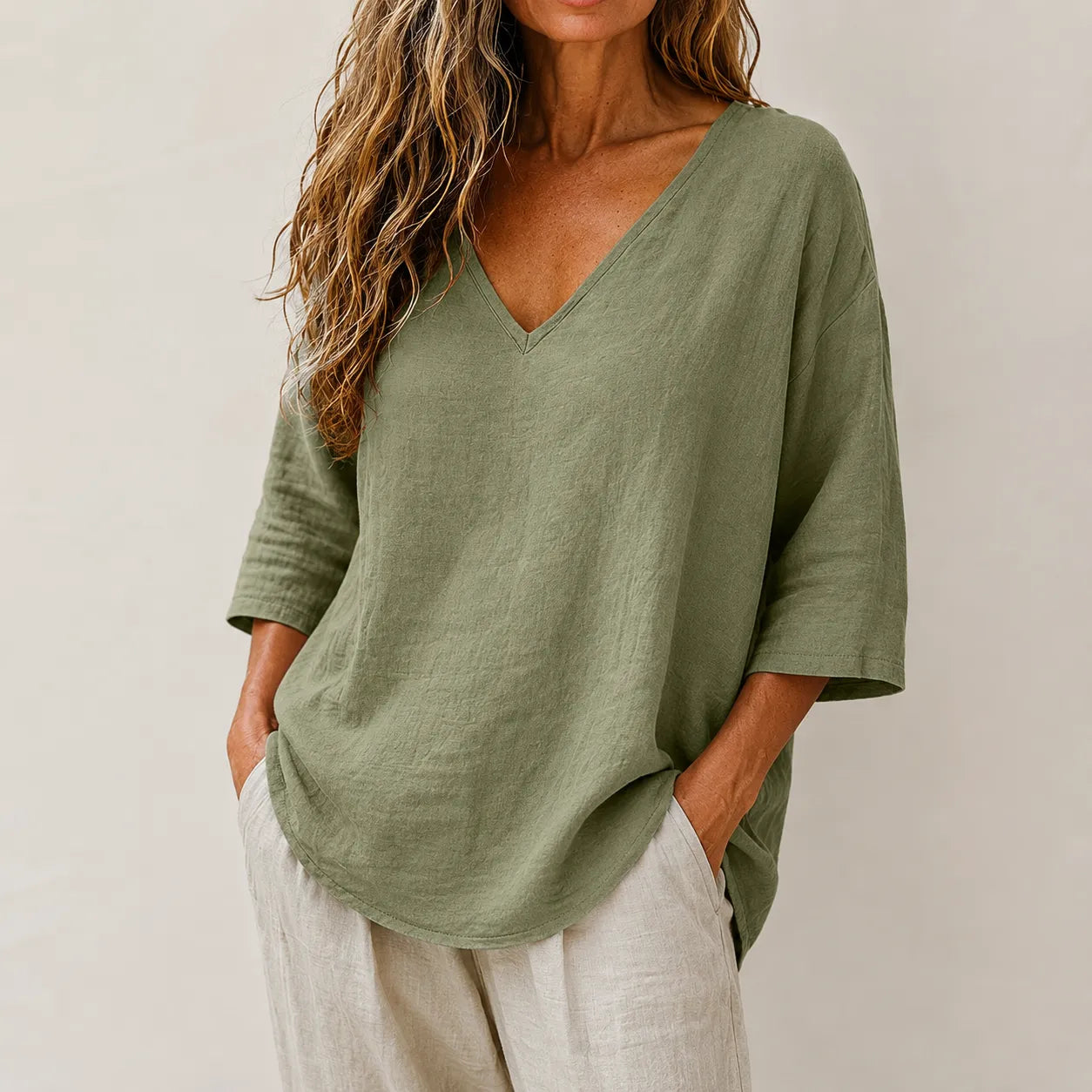 Linvie – Loose V-Neck Linen-Look Blouse with Three-Quarter Sleeves