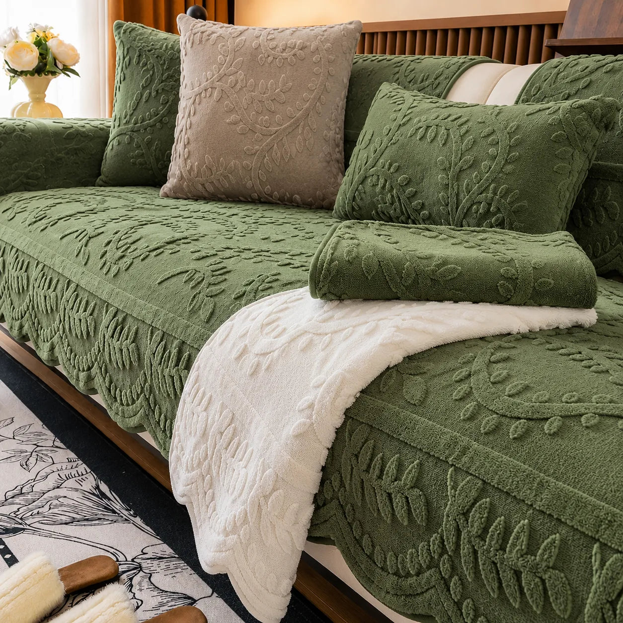 Hovela – Plush Non-Slip Couch Cover with Botanical Texture