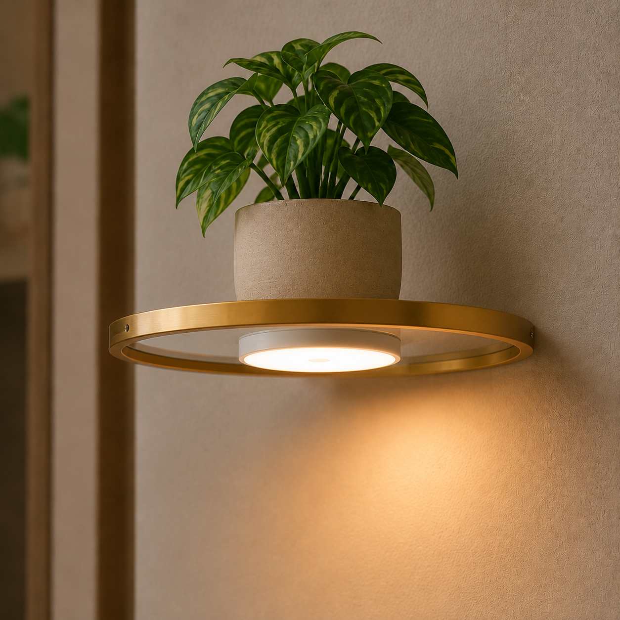 Lumeva - Floating LED Wall Shelf with Gold Finish, Rechargeable Ambient Light for Plants