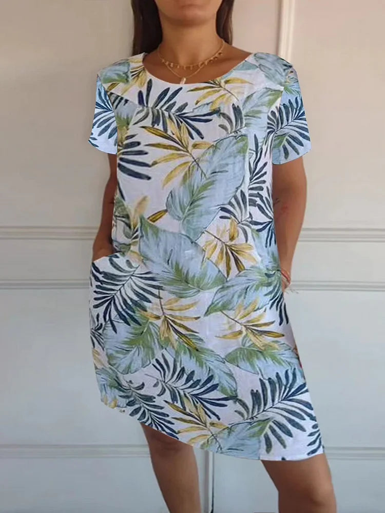 Printed summer dress in cotton and linen for women with pockets