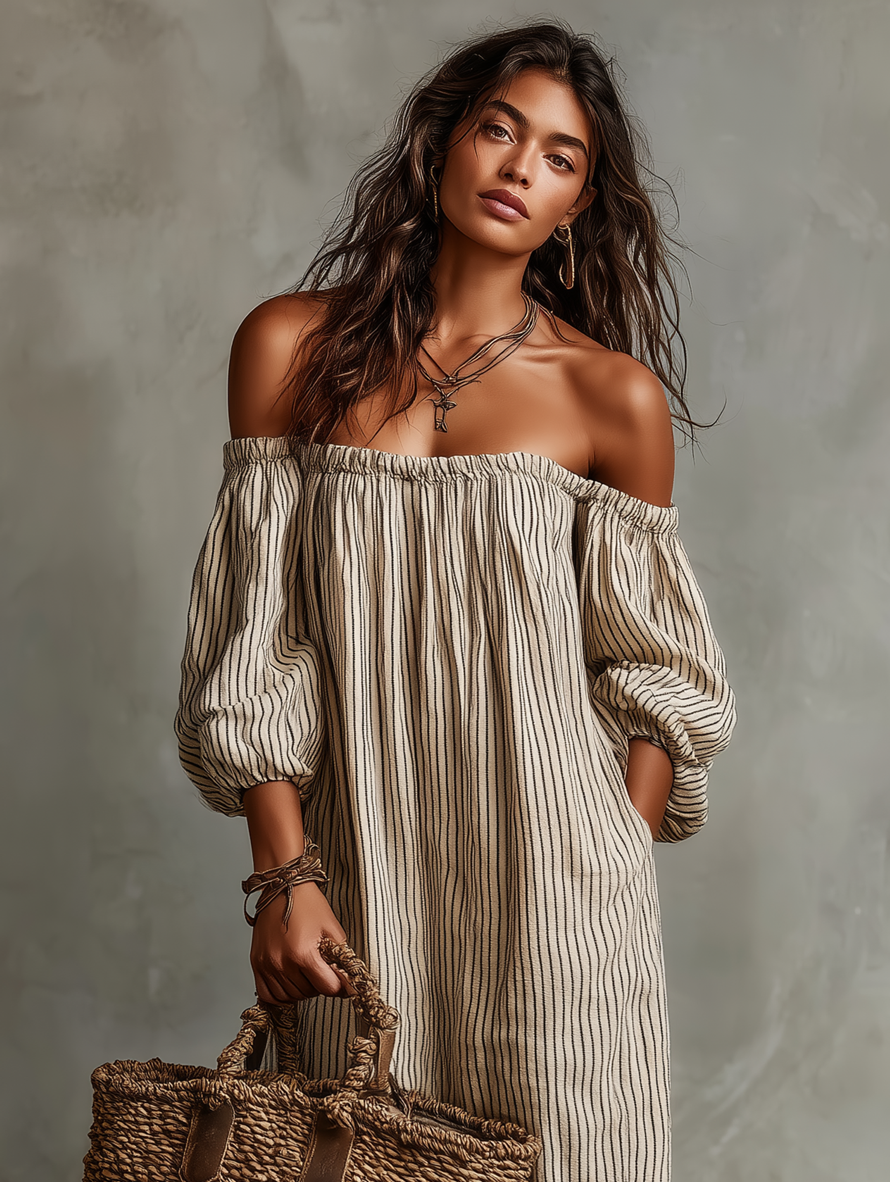 Maxi Dress in Cotton-Linen Off-shoulder Long Sleeve for Women