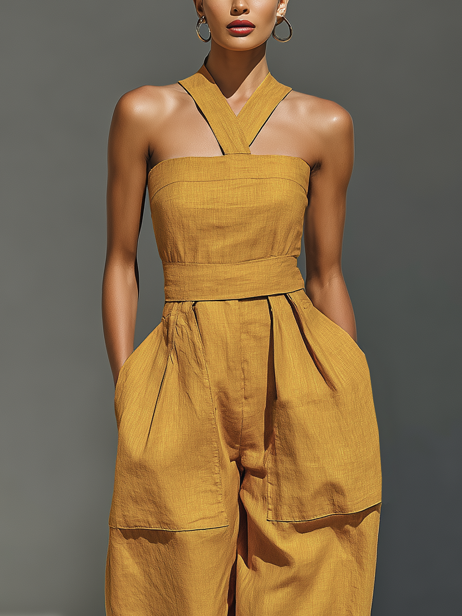 Women's Mustard Yellow Linen-Blend Jumpsuit With Crisscross Neckline & Relaxed Trousers MDZ2808B6T