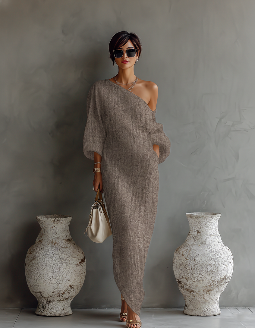 Elegant Flowing Dress in Ivory White Cotton-Linen with Off-Shoulder