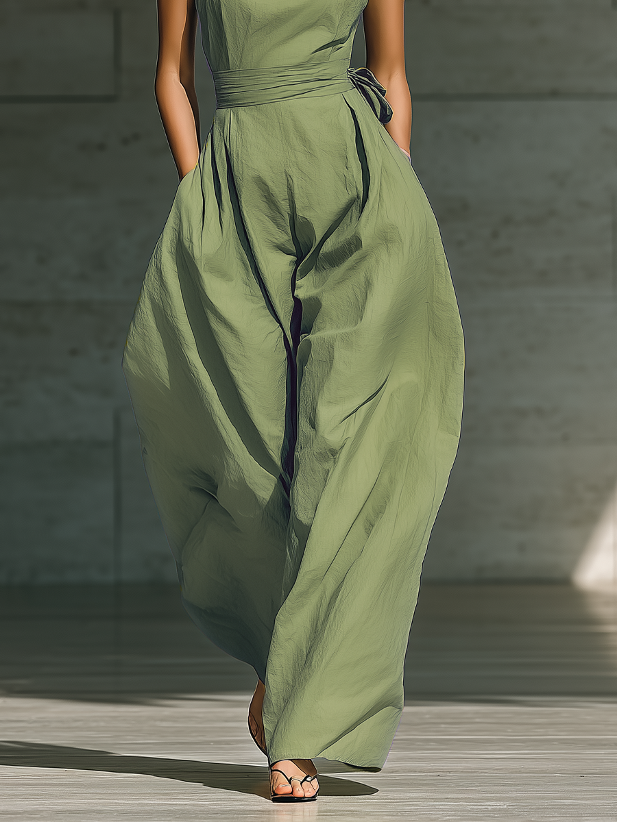 Women's Light Green Cotton And Linen Blend One-Shoulder Wide-Leg Jumpsuit With Tie Waist MDZ3136A8T