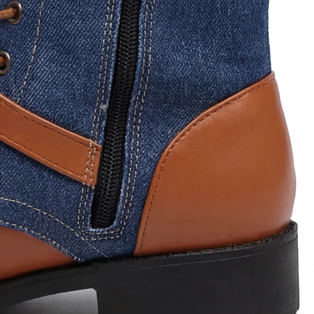 Denara - Denim and Leather Mid-Calf Riding Boots