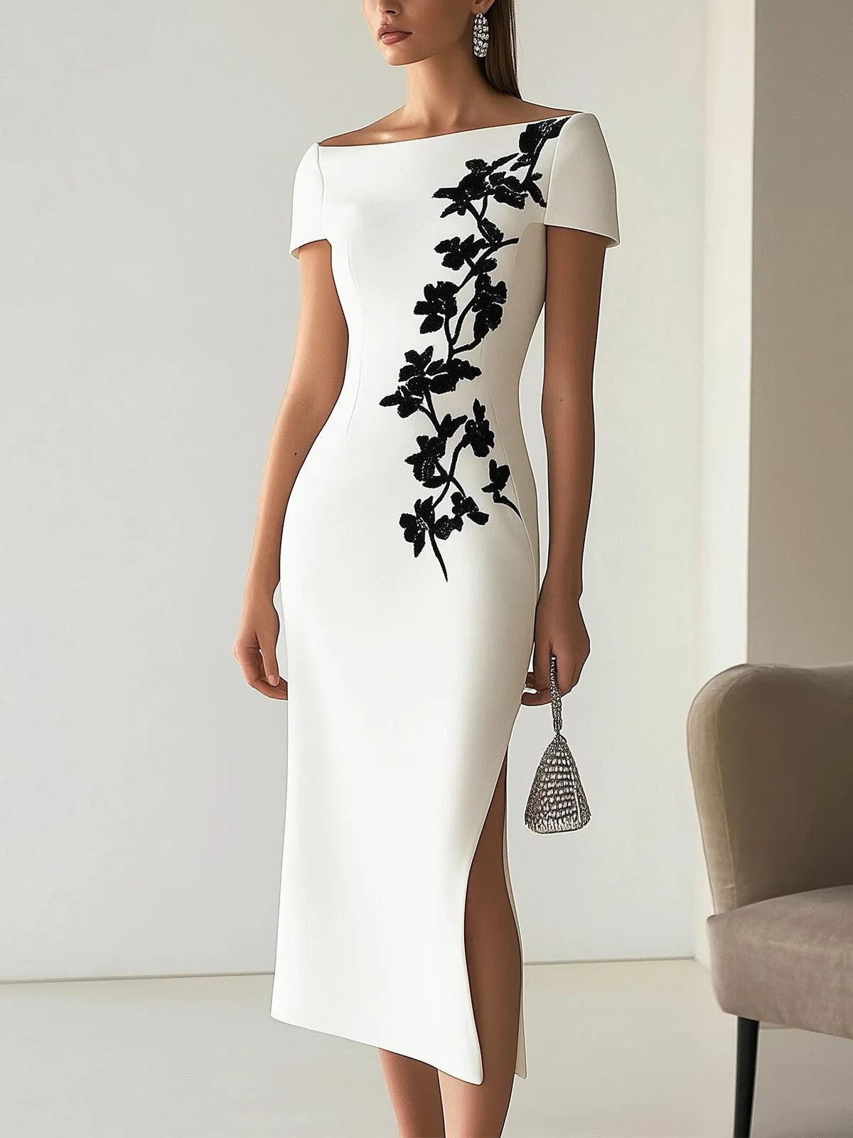 Audrey | Chic Floral Print Boat Neck Midi Dress Outfit