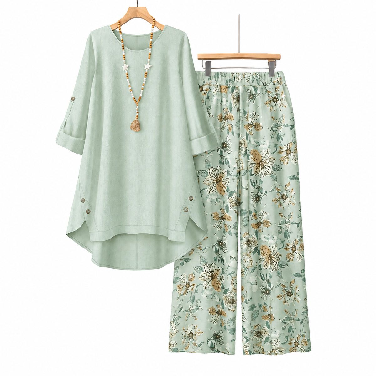 🌸✨ Printed Mid-Sleeve Top & Floral Wide-Leg Pants Set